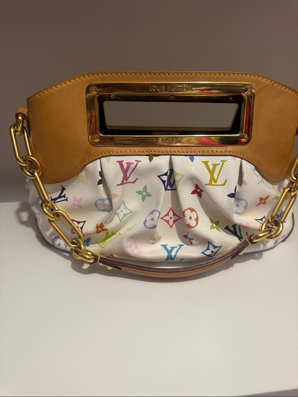 Authentic!! Louis Vuitton White Multicolor Monogram Canvas Clutch with Tan Trim - Picture 11 of 14